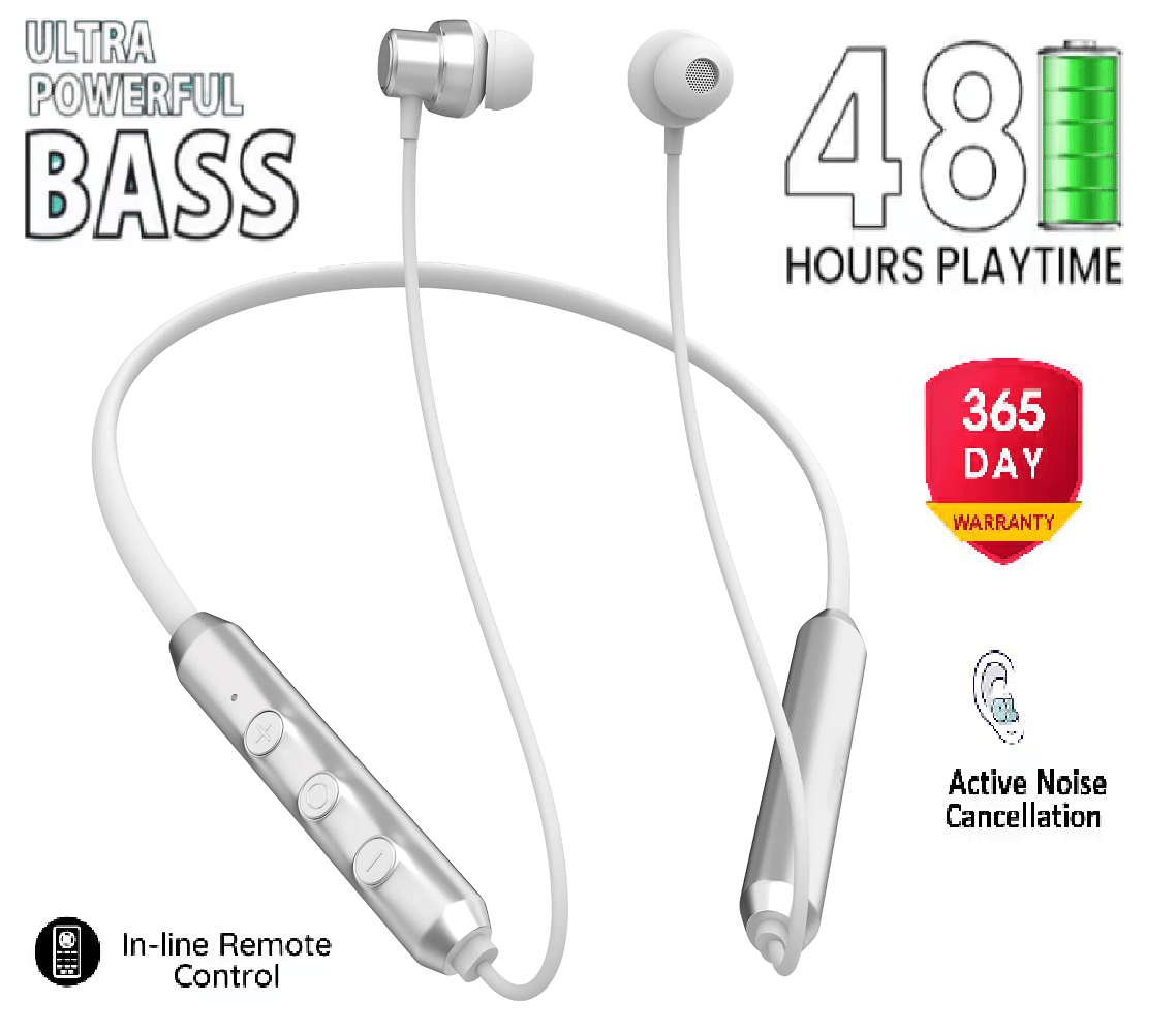     			Neckband with Upto 48 Hours Playback Long Battery Life & Extra Bass Bluetooth Headset  (Silver, In the Ear)