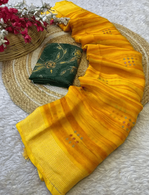     			R K S M Chiffon Printed Regular Saree With Unstitched Blouse Piece ( Yellow )