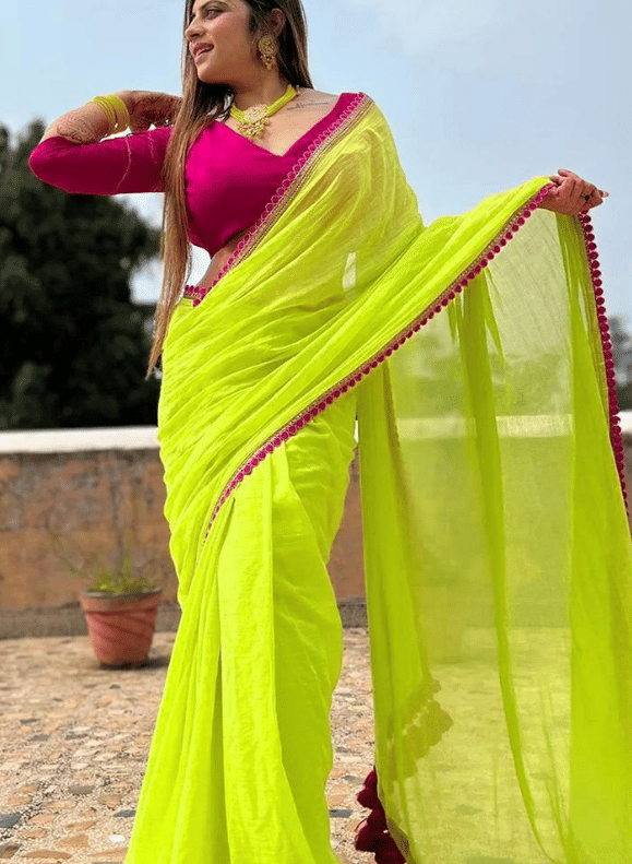     			R K S M Georgette Solid Regular Saree With Unstitched Blouse Piece ( Lime Green )