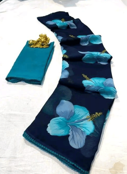     			R K S M Georgette Printed Regular Saree With Unstitched Blouse Piece ( Blue )