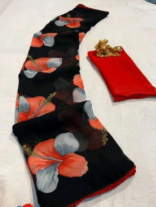 R K S M Georgette Printed Regular Saree With Unstitched Blouse Piece ( Black )     			R K S M Georgette Printed Regular Saree With Unstitched Blouse Piece ( Black )