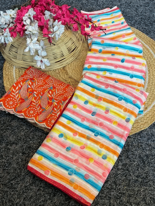 R K S M Georgette Printed Regular Saree With Unstitched Blouse Piece ( Red )     			R K S M Georgette Printed Regular Saree With Unstitched Blouse Piece ( Red )