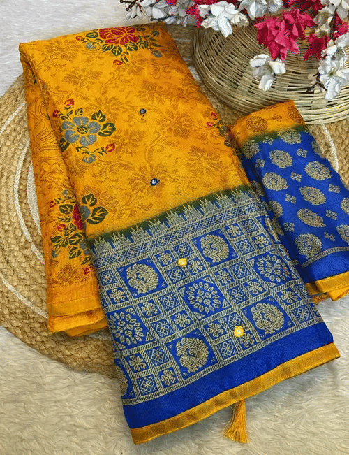 R K S M Jute Printed Regular Saree With Unstitched Blouse Piece ( Yellow ) R K S M Jute Printed Regular Saree With Unstitched Blouse Piece ( Yellow )
