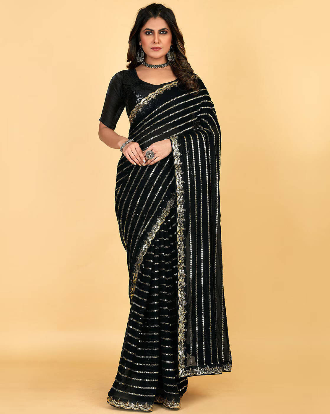 SATVASHIV Georgette Embroidered Regular Saree With Unstitched Blouse Piece ( Black )     			SATVASHIV Georgette Embroidered Regular Saree With Unstitched Blouse Piece ( Black )