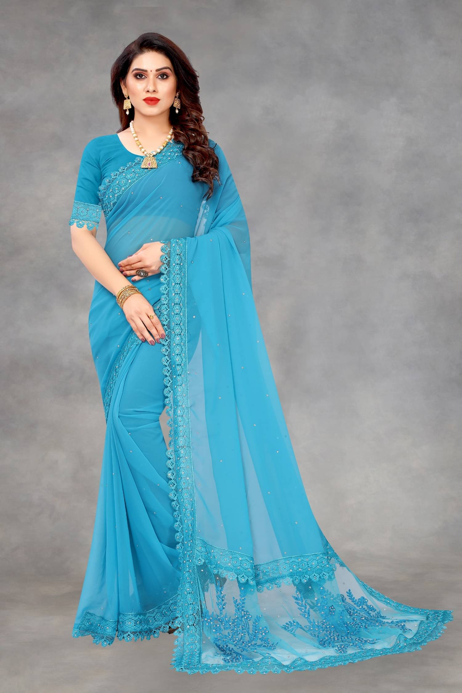 SATVASHIV Georgette Embroidered Regular Saree With Unstitched Blouse Piece ( Sky Blue )     			SATVASHIV Georgette Embroidered Regular Saree With Unstitched Blouse Piece ( Sky Blue )