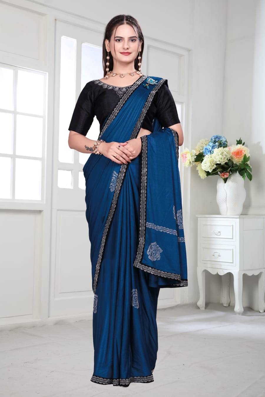     			SATVASHIV Lycra Embellished Regular Saree With Unstitched Blouse Piece ( Rama )