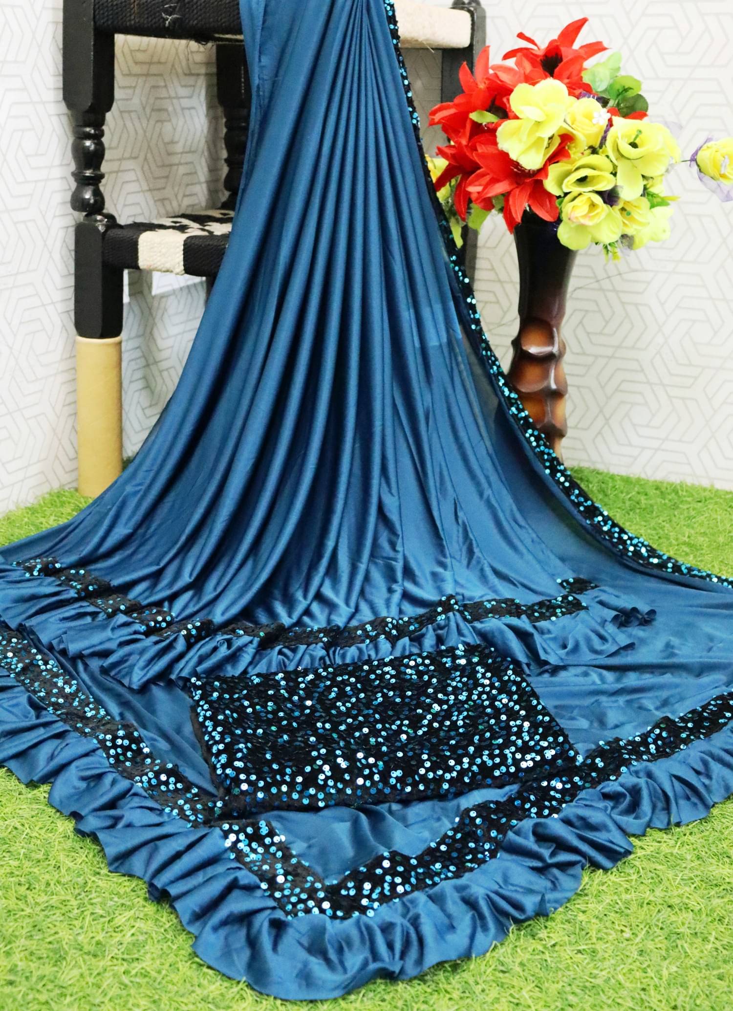     			SATVASHIV Lycra Embroidered Regular Saree With Unstitched Blouse Piece ( Sky Blue )