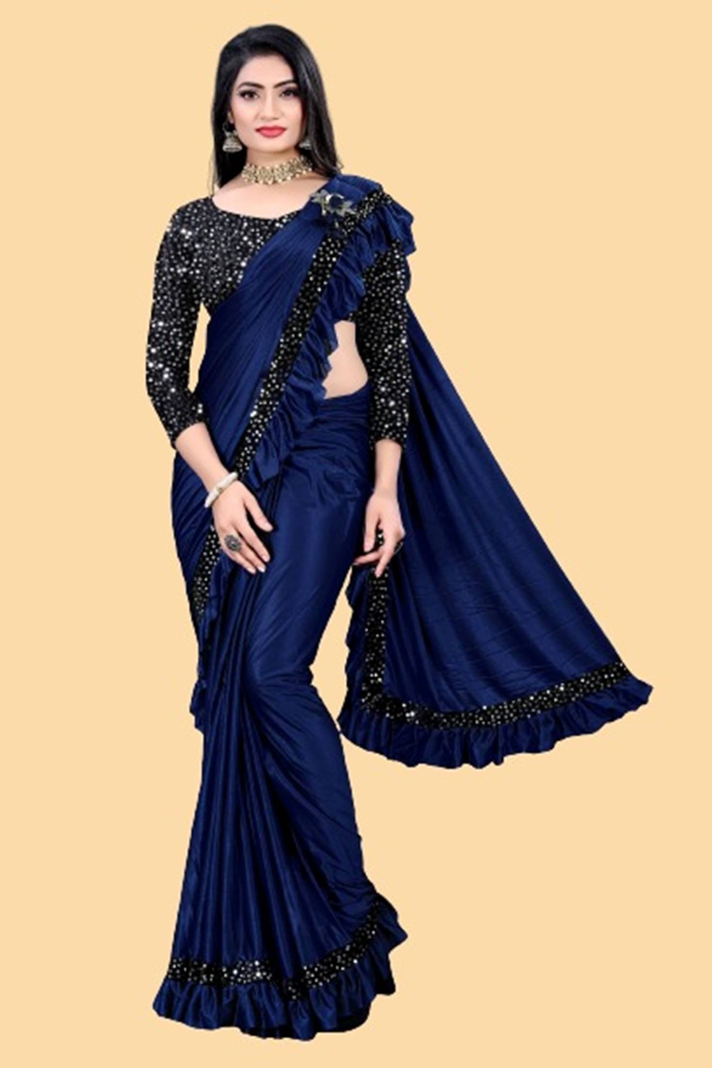     			SATVASHIV Lycra Embroidered Regular Saree With Unstitched Blouse Piece ( Navy Blue )