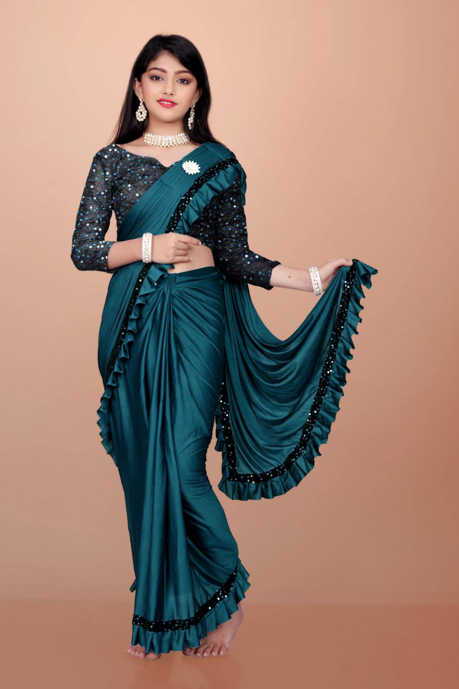     			SATVASHIV Lycra Ready To Wear Saree For Girls ( Teal , Pack of 1 )