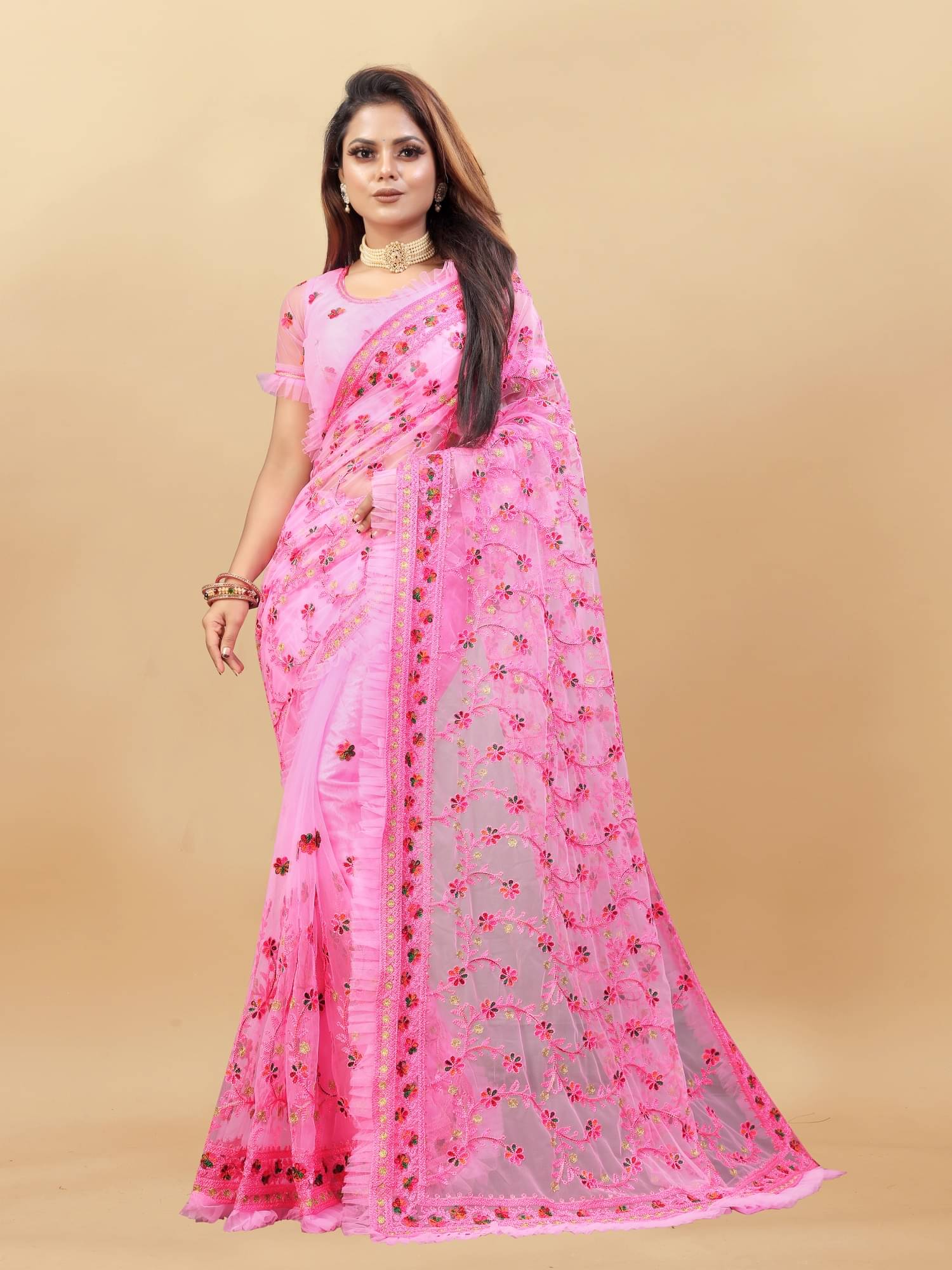     			SATVASHIV Net Embroidered Regular Saree With Unstitched Blouse Piece ( Pink )