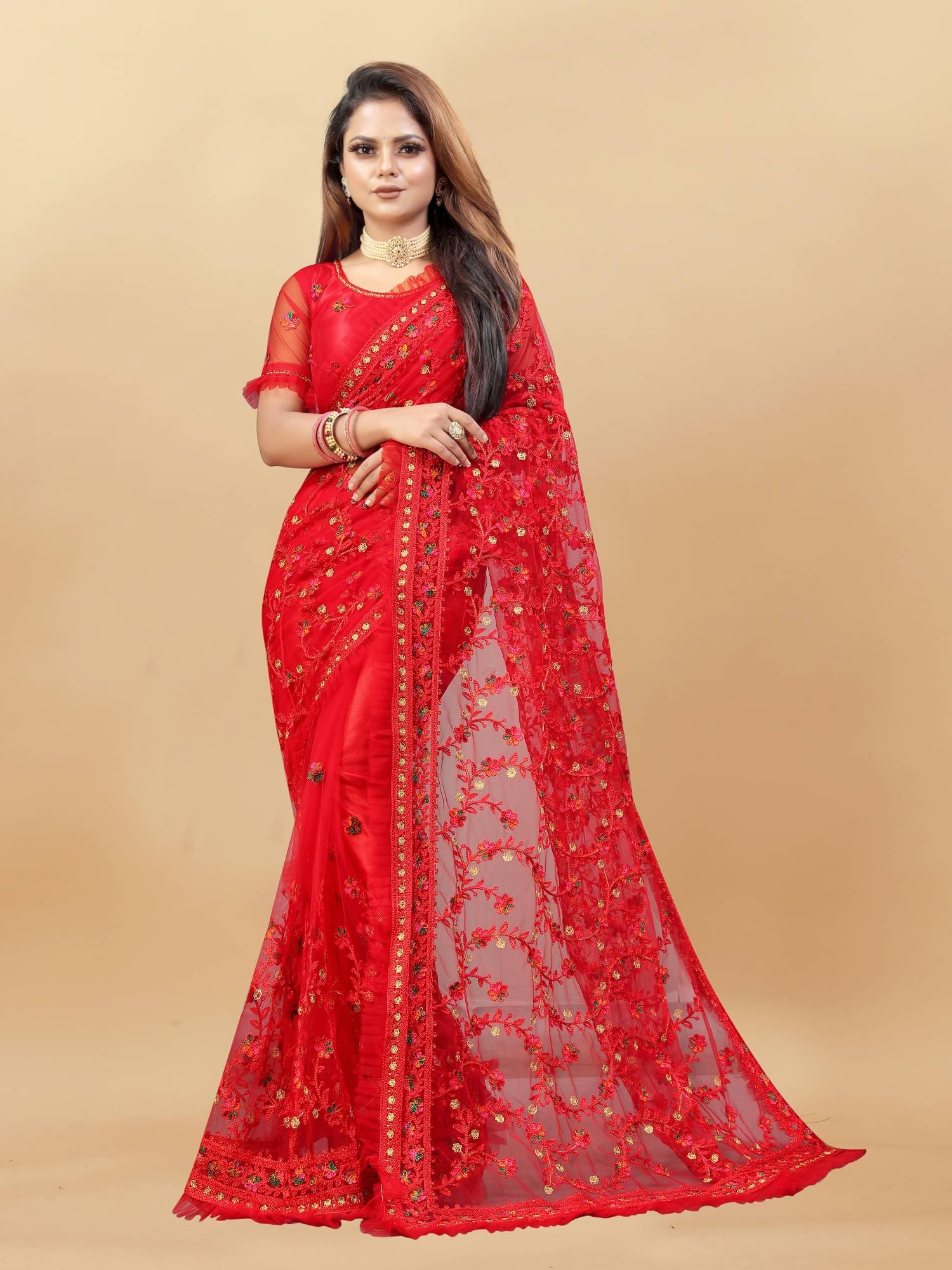     			SATVASHIV Net Embroidered Regular Saree With Unstitched Blouse Piece ( Red )