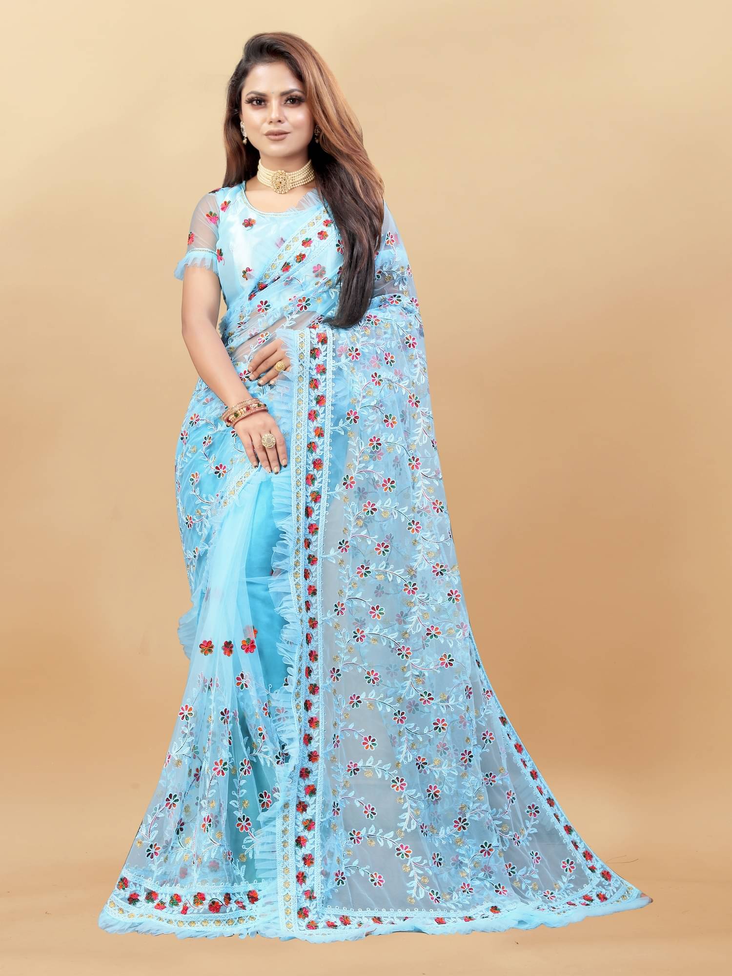     			SATVASHIV Net Embroidered Regular Saree With Unstitched Blouse Piece ( Sky Blue )