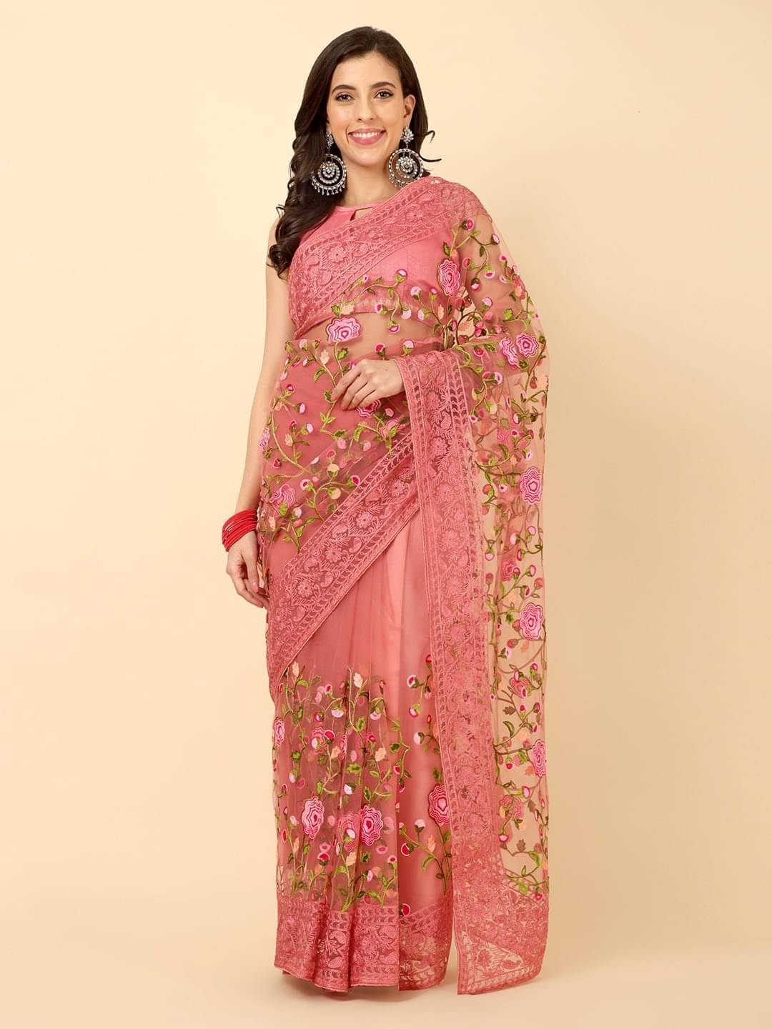 SATVASHIV Net Embroidered Regular Saree With Unstitched Blouse Piece ( Peach ) SATVASHIV Net Embroidered Regular Saree With Unstitched Blouse Piece ( Peach )