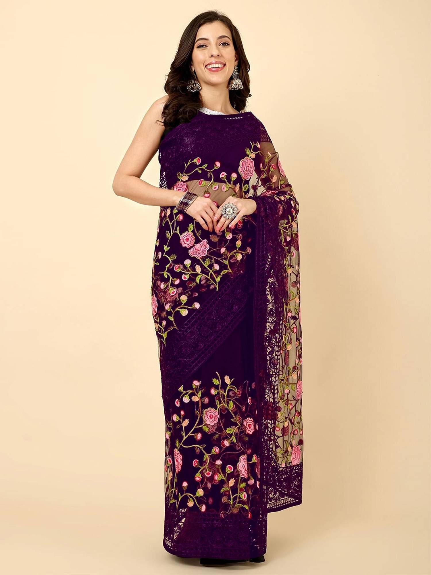 SATVASHIV Net Embroidered Regular Saree With Unstitched Blouse Piece ( Wine ) SATVASHIV Net Embroidered Regular Saree With Unstitched Blouse Piece ( Wine )
