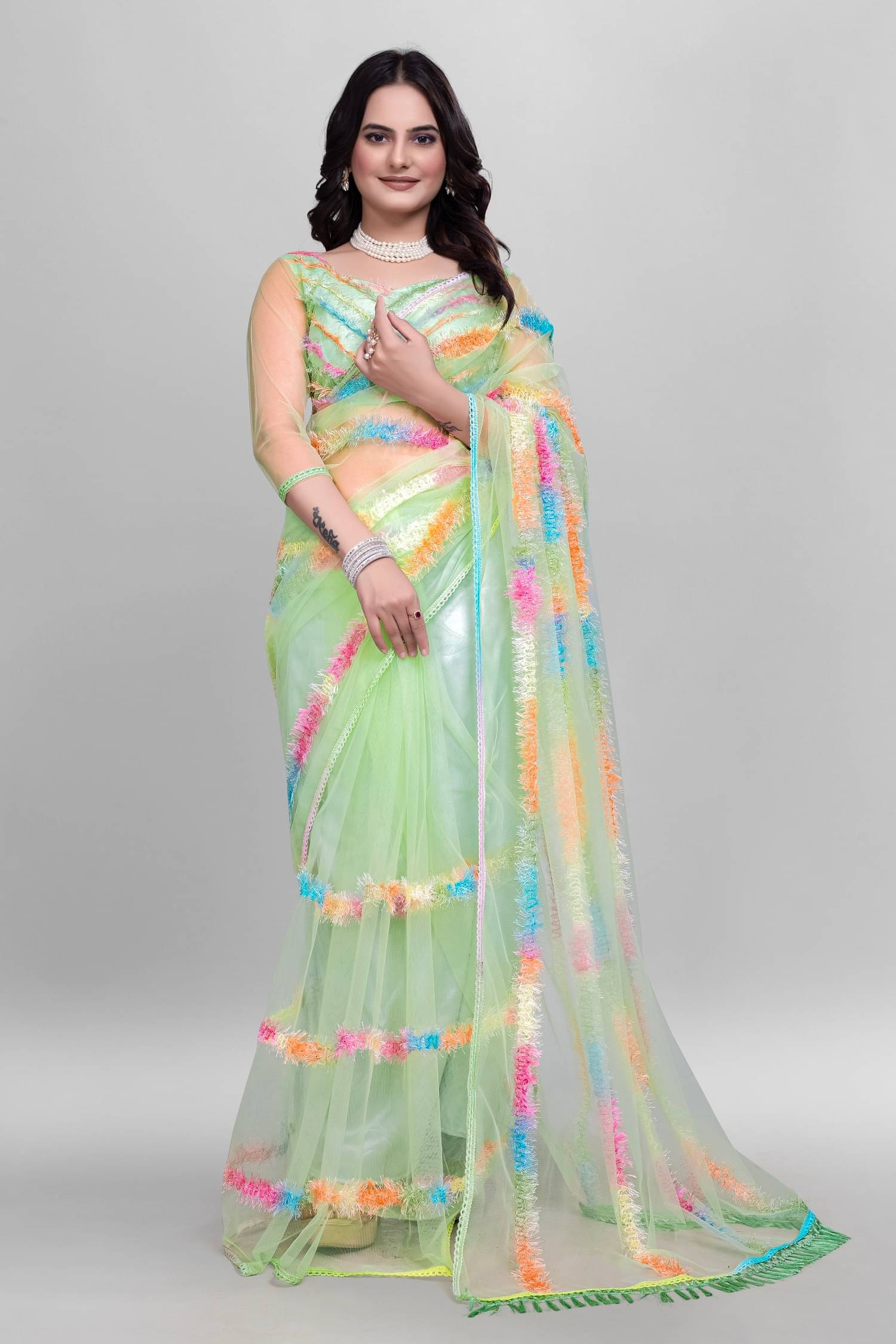     			SATVASHIV Net Embroidered Regular Saree With Unstitched Blouse Piece ( Sea Green )