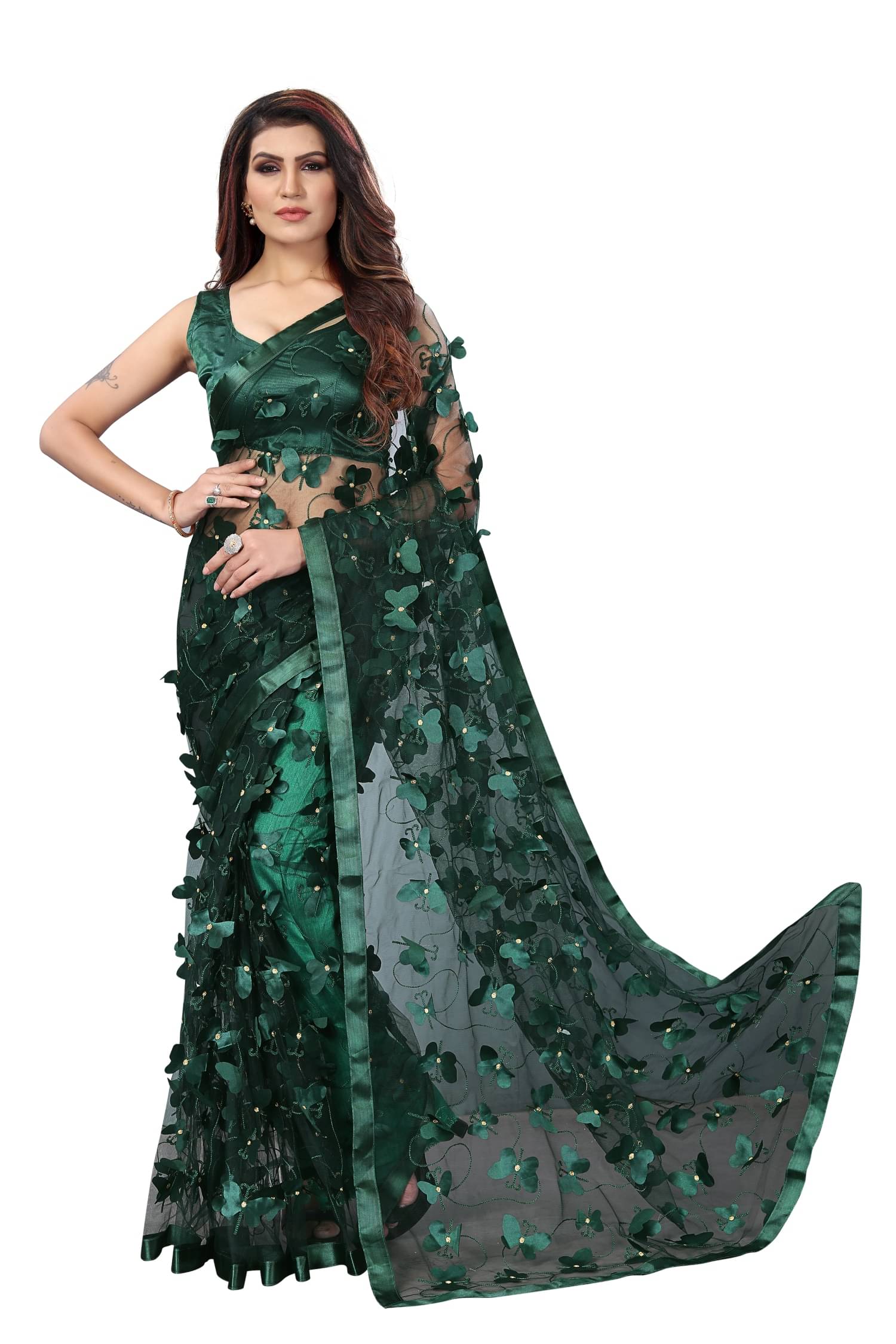     			SATVASHIV Net Embroidered Regular Saree With Unstitched Blouse Piece ( Green )