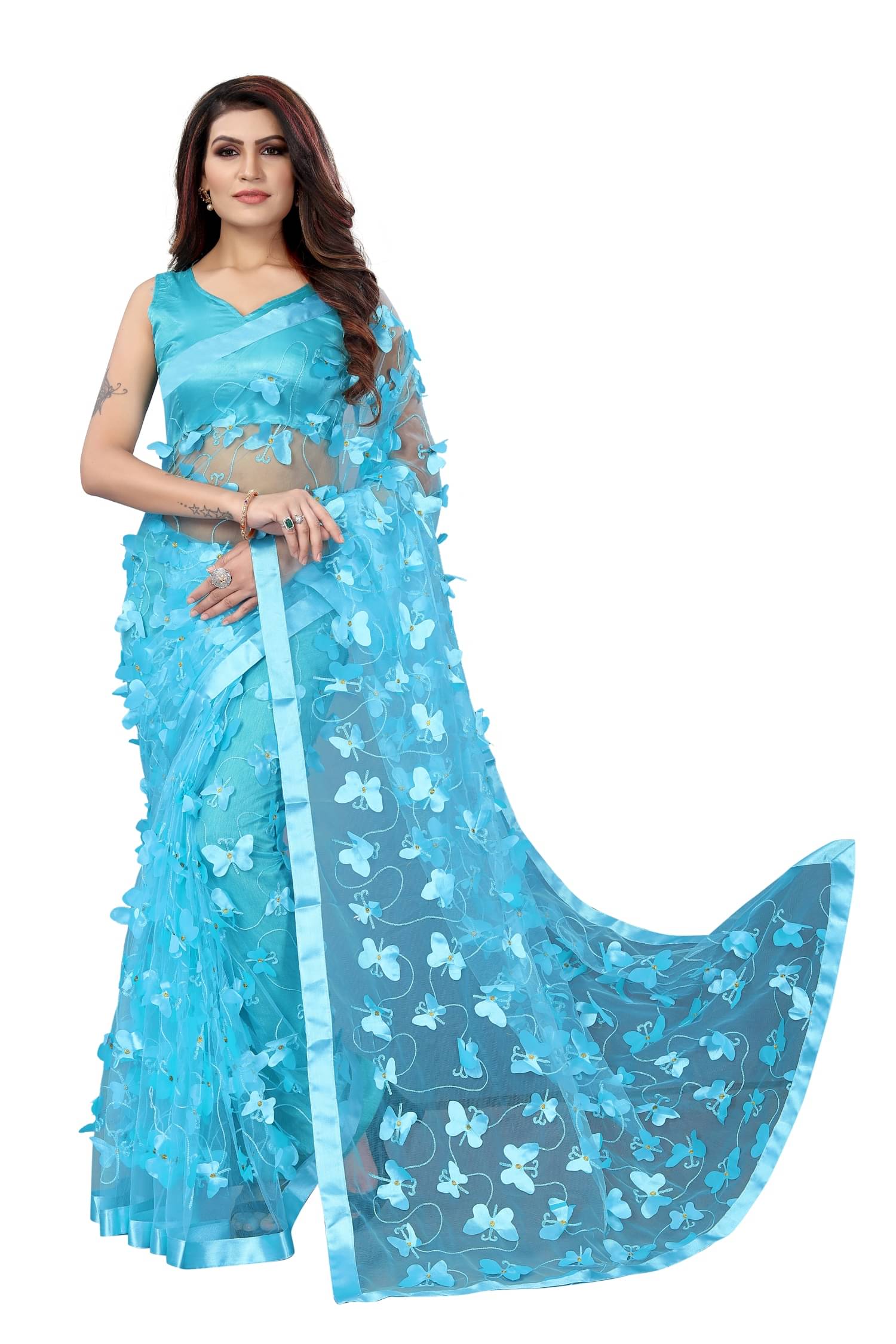     			SATVASHIV Net Embroidered Regular Saree With Unstitched Blouse Piece ( Sky Blue )
