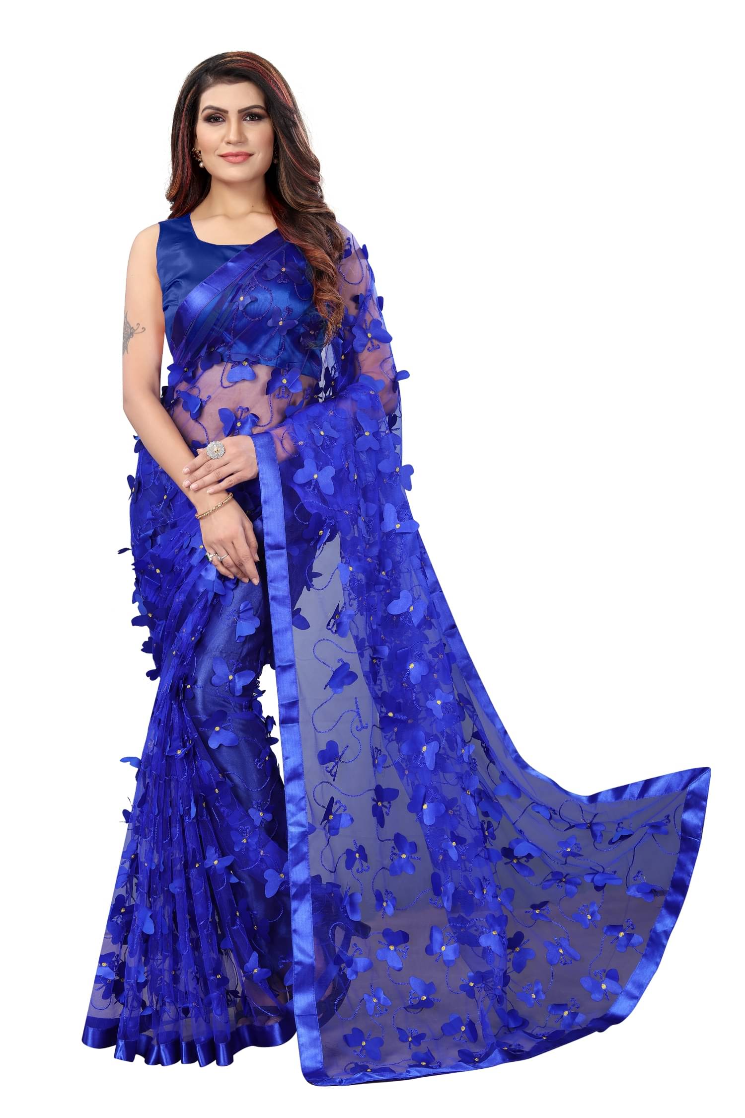     			SATVASHIV Net Embroidered Regular Saree With Unstitched Blouse Piece ( Blue )