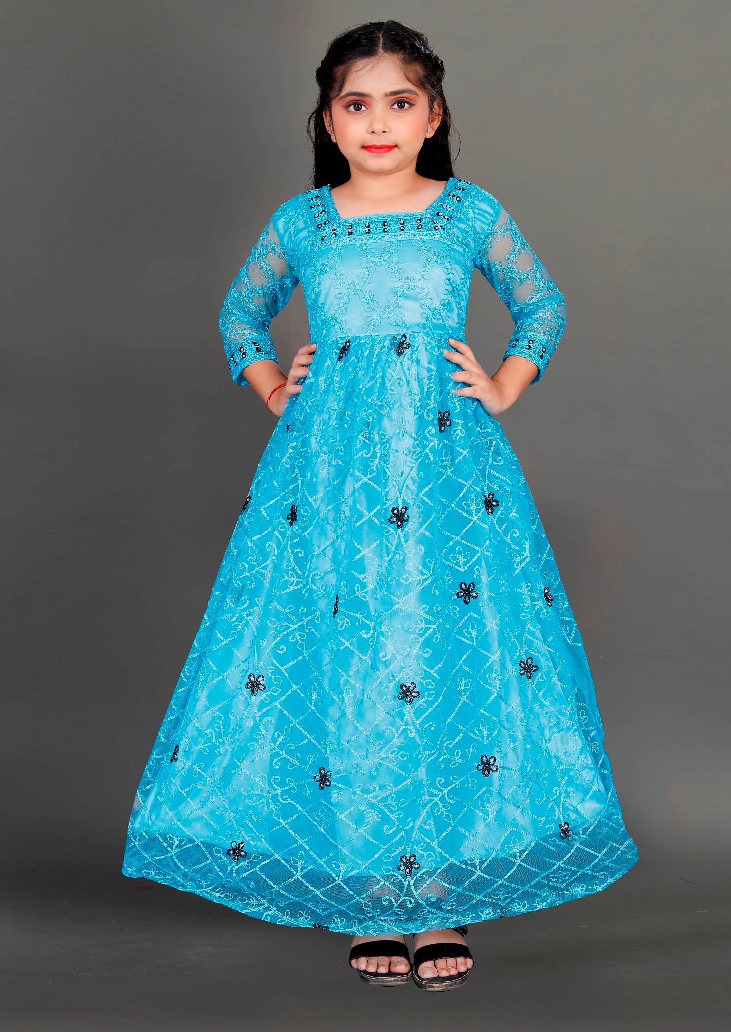 SATVASHIV Net Gown For Girls ( Pack of 1 , Sky Blue )     			SATVASHIV Net Gown For Girls ( Pack of 1 , Sky Blue )