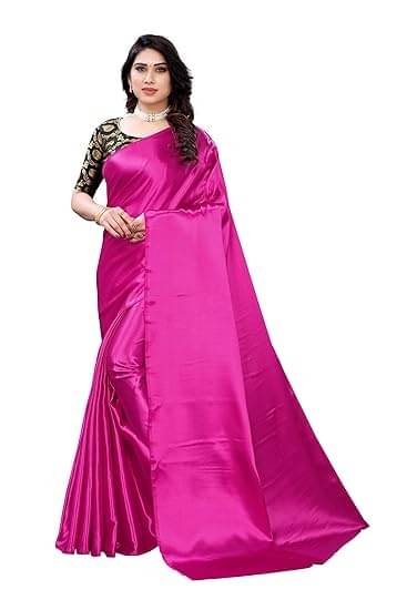 SATVASHIV Satin Solid Regular Saree With Unstitched Blouse Piece ( Rani )     			SATVASHIV Satin Solid Regular Saree With Unstitched Blouse Piece ( Rani )