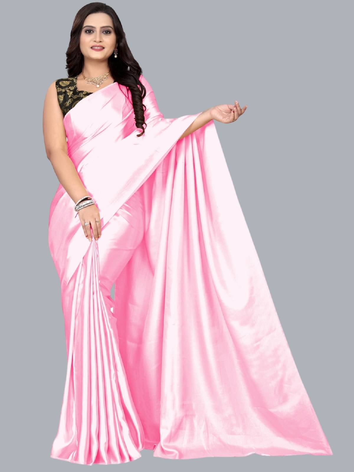 SATVASHIV Satin Solid Regular Saree With Unstitched Blouse Piece ( Pink ) SATVASHIV Satin Solid Regular Saree With Unstitched Blouse Piece ( Pink )