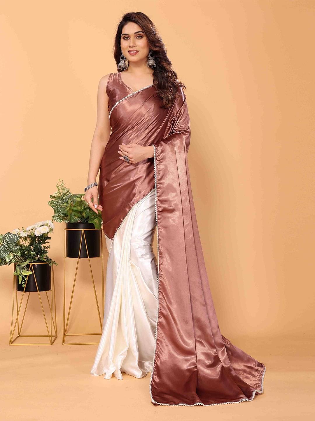     			SATVASHIV Satin Woven Regular Saree With Unstitched Blouse Piece ( Peach )