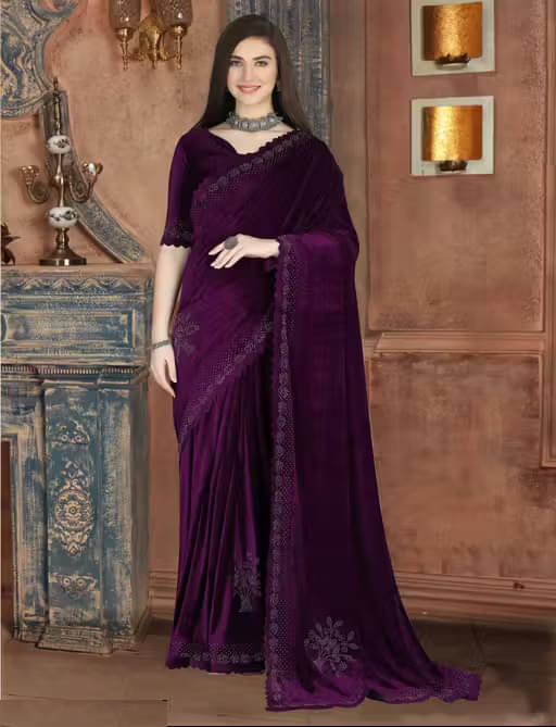 SATVASHIV Velvet Solid Regular Saree With Unstitched Blouse Piece ( Wine ) SATVASHIV Velvet Solid Regular Saree With Unstitched Blouse Piece ( Wine )