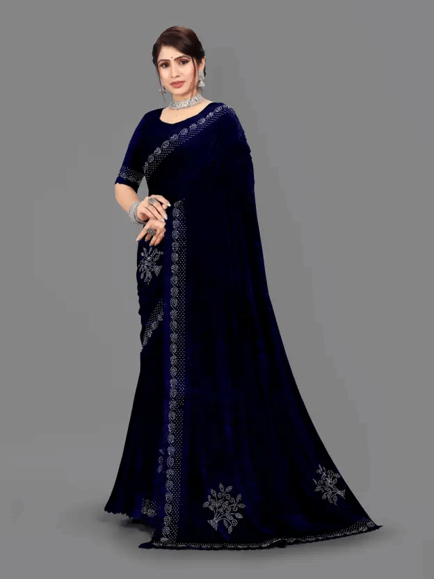     			SATVASHIV Velvet Solid Regular Saree With Unstitched Blouse Piece ( Navy Blue )