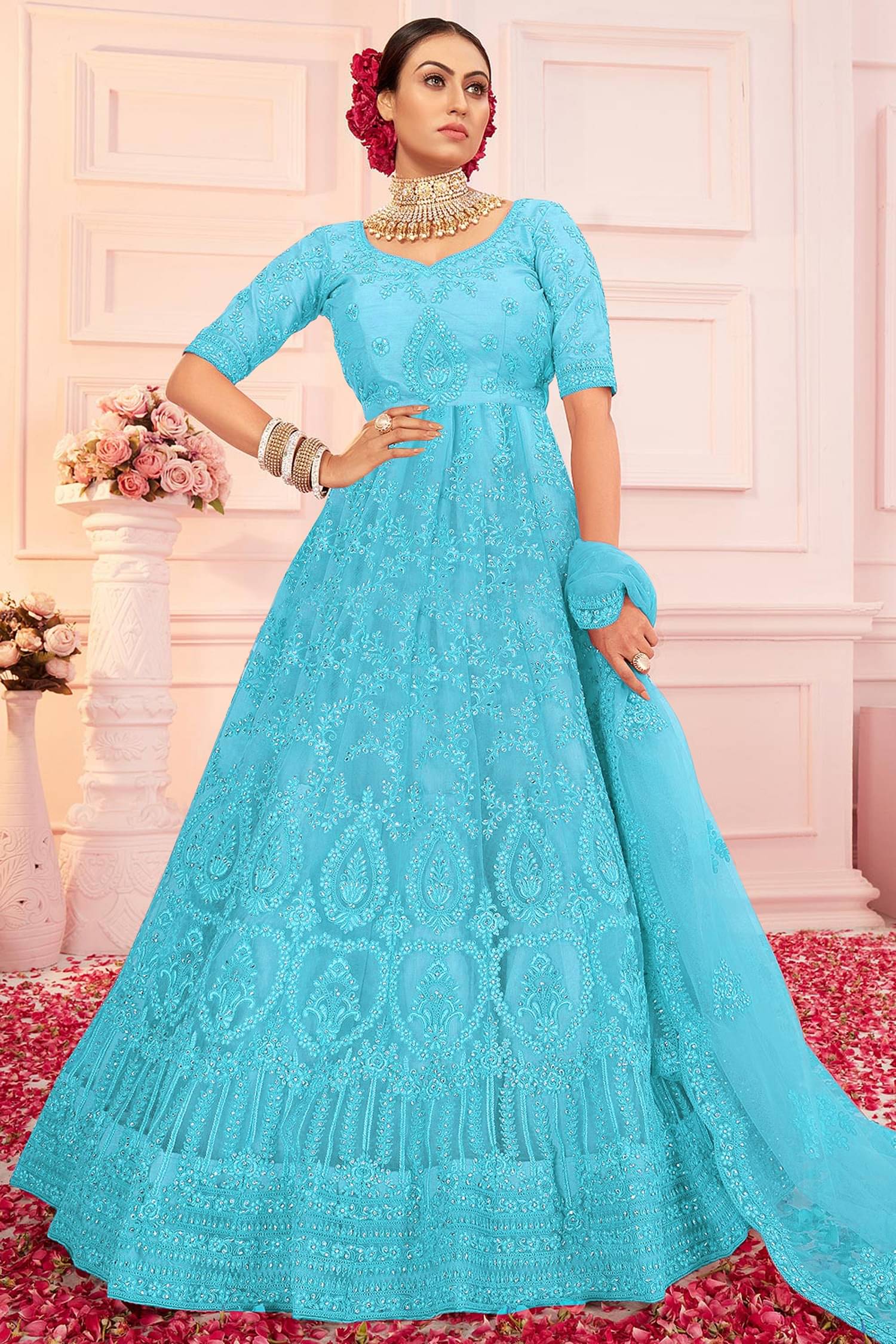     			SATVASHIV Women Net Flared Semi Stitched Ethnic Gown With Dupatta ( Turquoise )