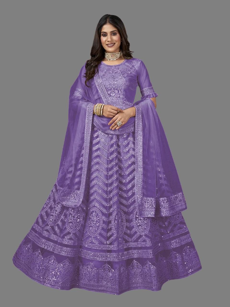     			SATVASHIV Women Net Flared Semi Stitched Ethnic Gown With Dupatta ( Lavender )