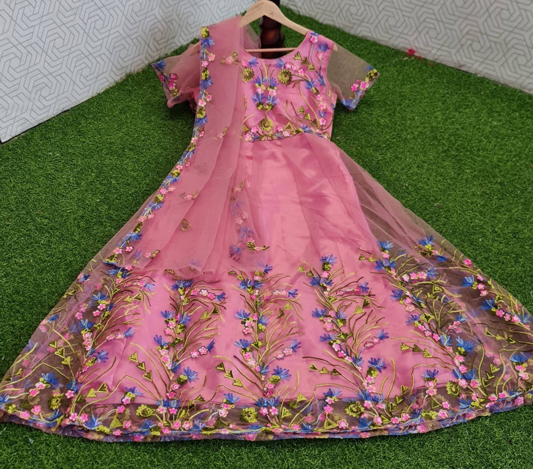     			SATVASHIV Women Net Flared Semi Stitched Ethnic Gown With Dupatta ( Peach )