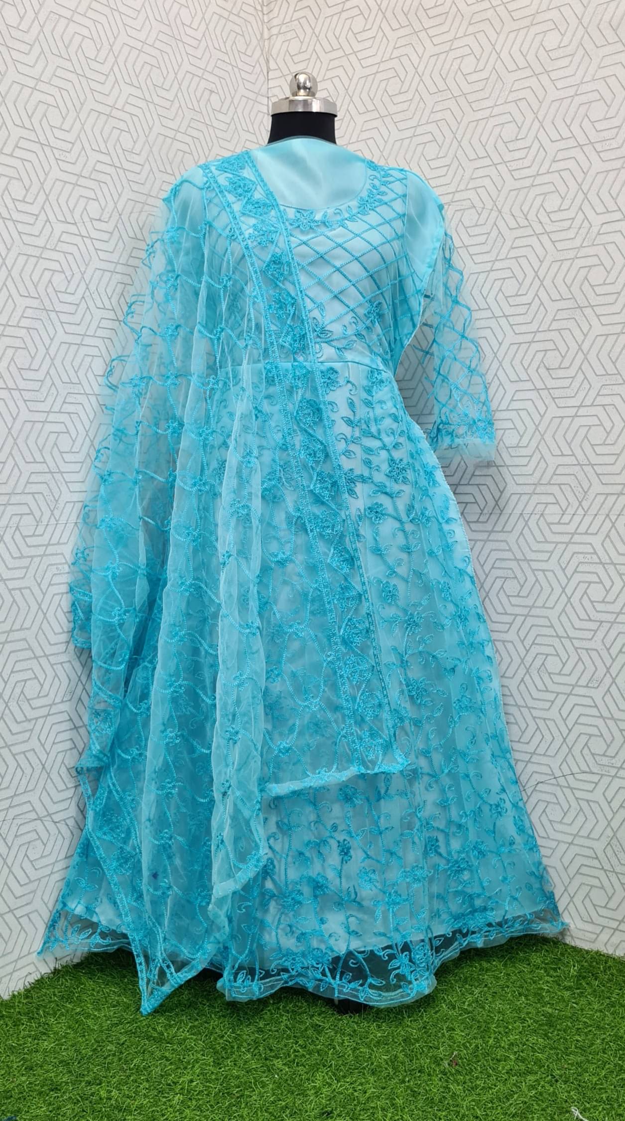 SATVASHIV Women Net Flared Semi Stitched Ethnic Gown With Dupatta ( Turquoise ) SATVASHIV Women Net Flared Semi Stitched Ethnic Gown With Dupatta ( Turquoise )