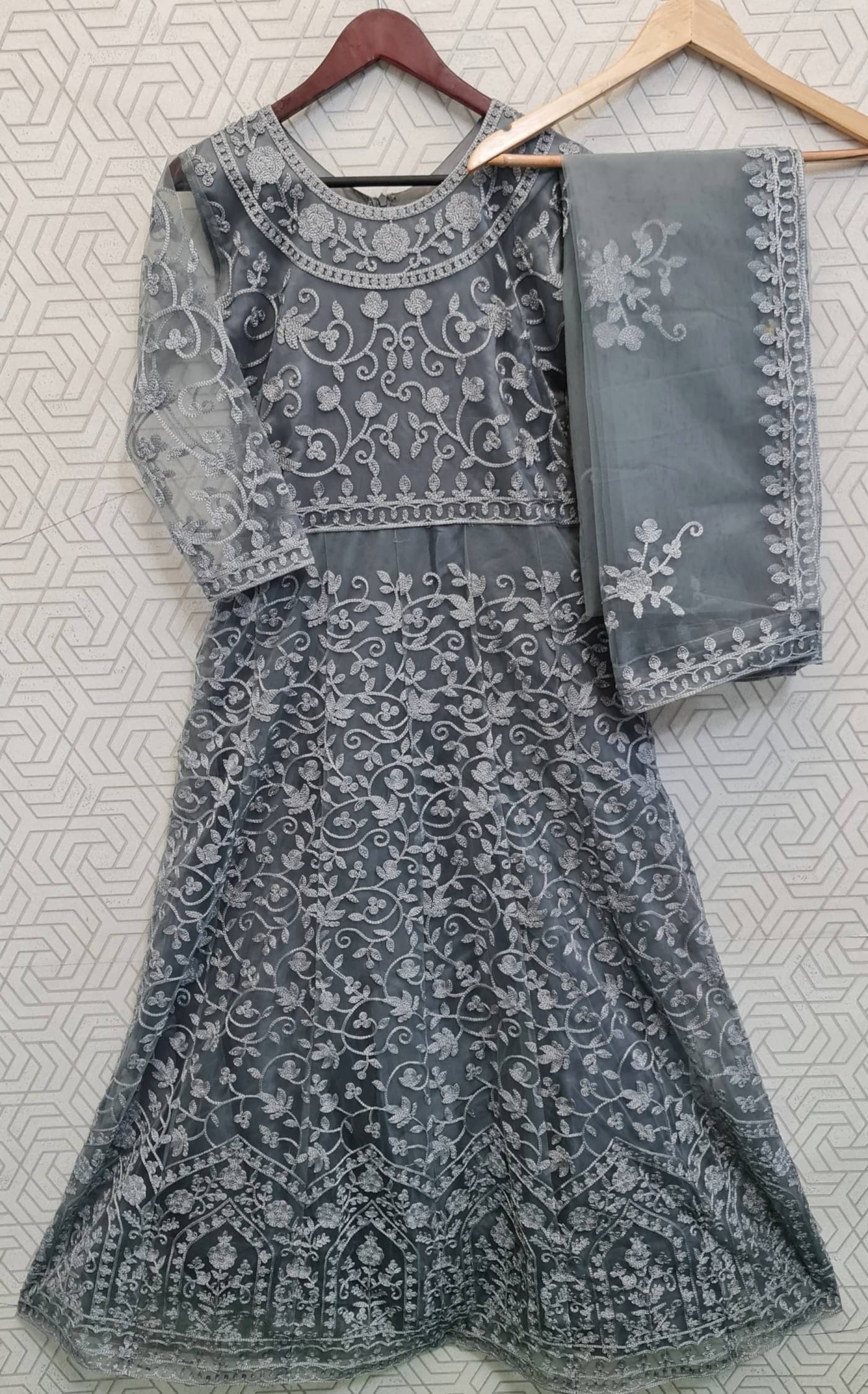 SATVASHIV Women Net Flared Semi Stitched Ethnic Gown With Dupatta ( Grey ) SATVASHIV Women Net Flared Semi Stitched Ethnic Gown With Dupatta ( Grey )
