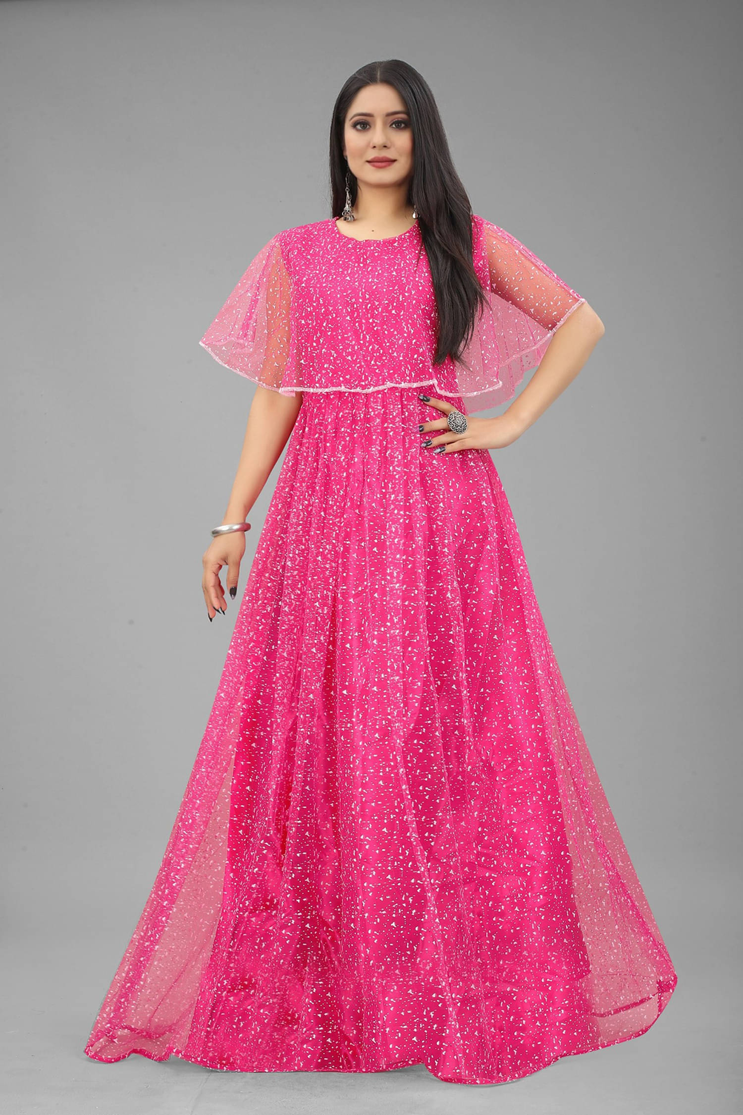 SATVASHIV Women Net Flared Semi Stitched Ethnic Gown ( Magenta ) SATVASHIV Women Net Flared Semi Stitched Ethnic Gown ( Magenta )
