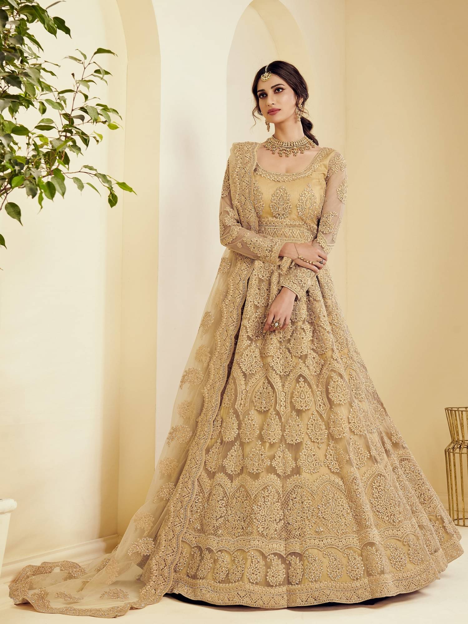 SATVASHIV Women Net Flared Semi Stitched Ethnic Gown With Dupatta ( Beige ) SATVASHIV Women Net Flared Semi Stitched Ethnic Gown With Dupatta ( Beige )