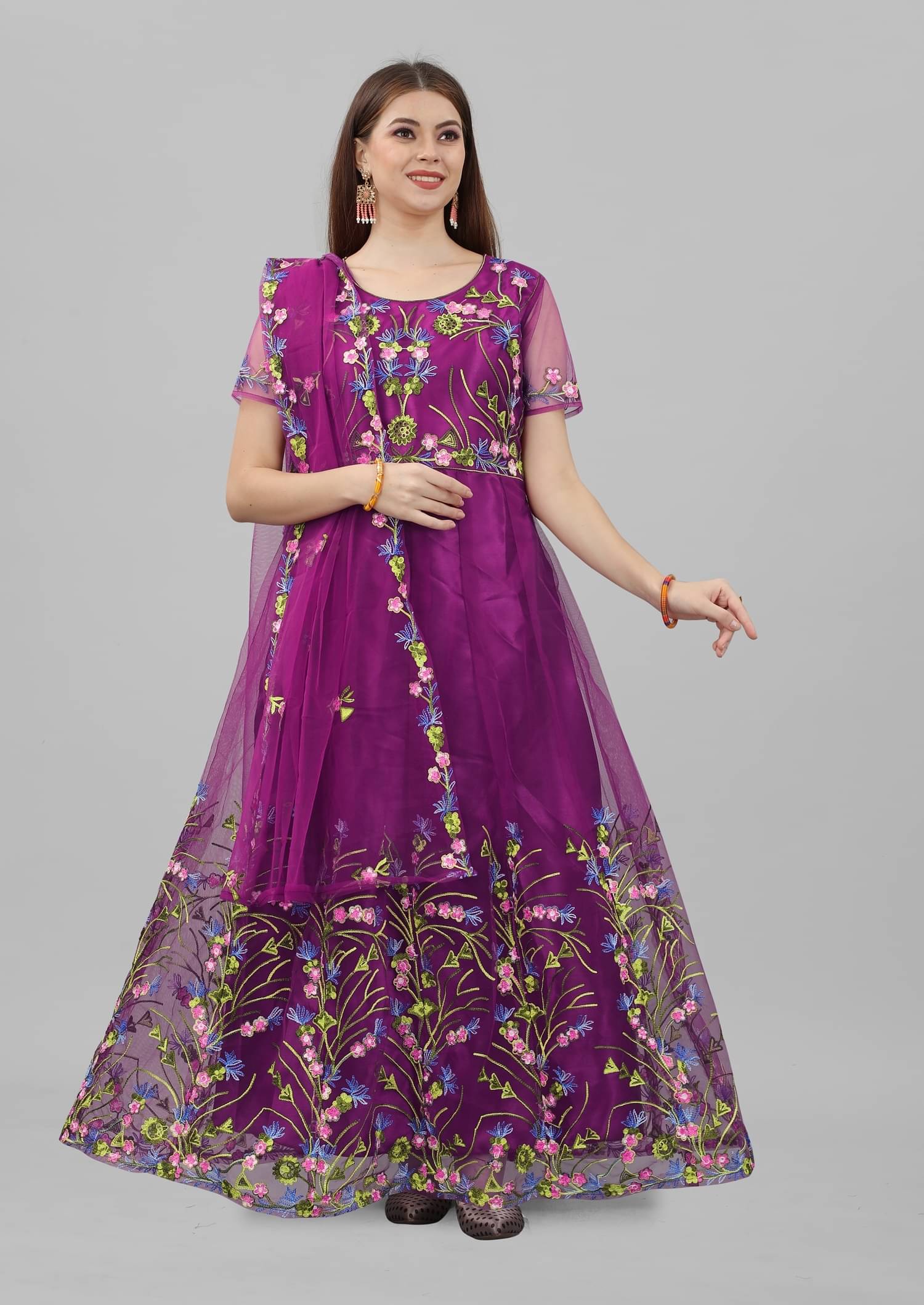     			SATVASHIV Women Net Flared Semi Stitched Ethnic Gown With Dupatta ( Wine )