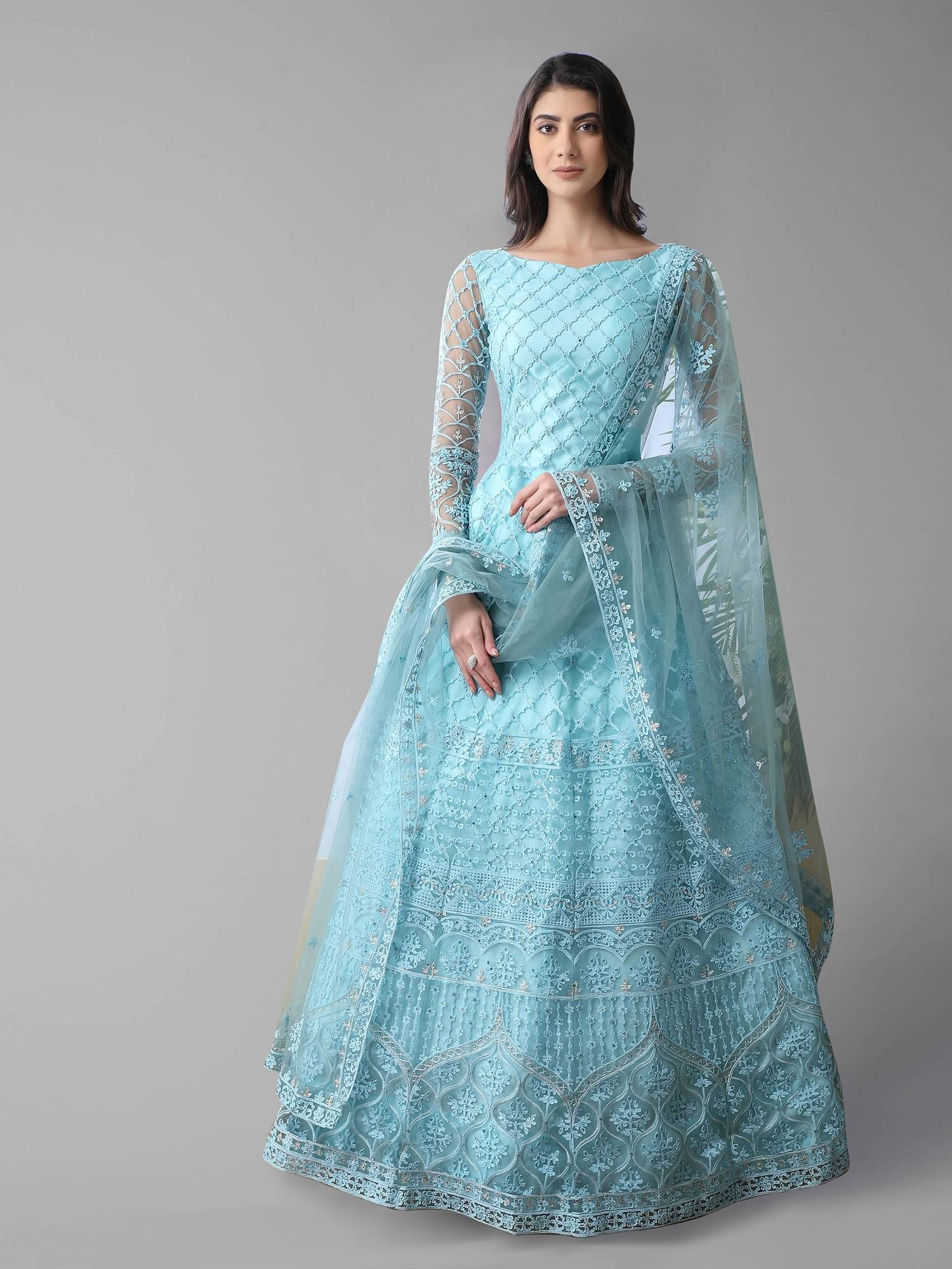 SATVASHIV Women Net Flared Semi Stitched Ethnic Gown With Dupatta ( Turquoise )     			SATVASHIV Women Net Flared Semi Stitched Ethnic Gown With Dupatta ( Turquoise )
