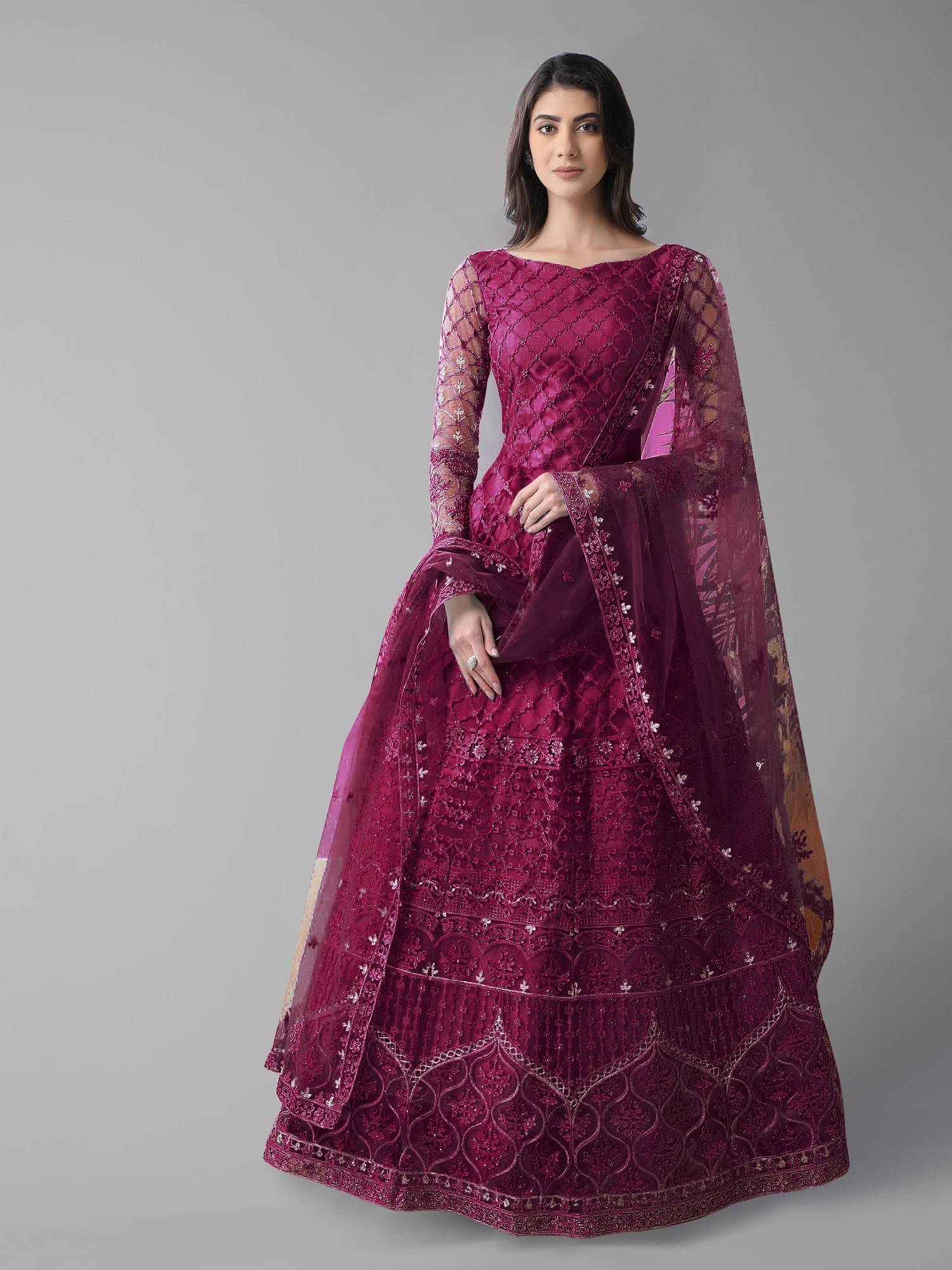     			SATVASHIV Women Net Flared Semi Stitched Ethnic Gown With Dupatta ( Mauve )