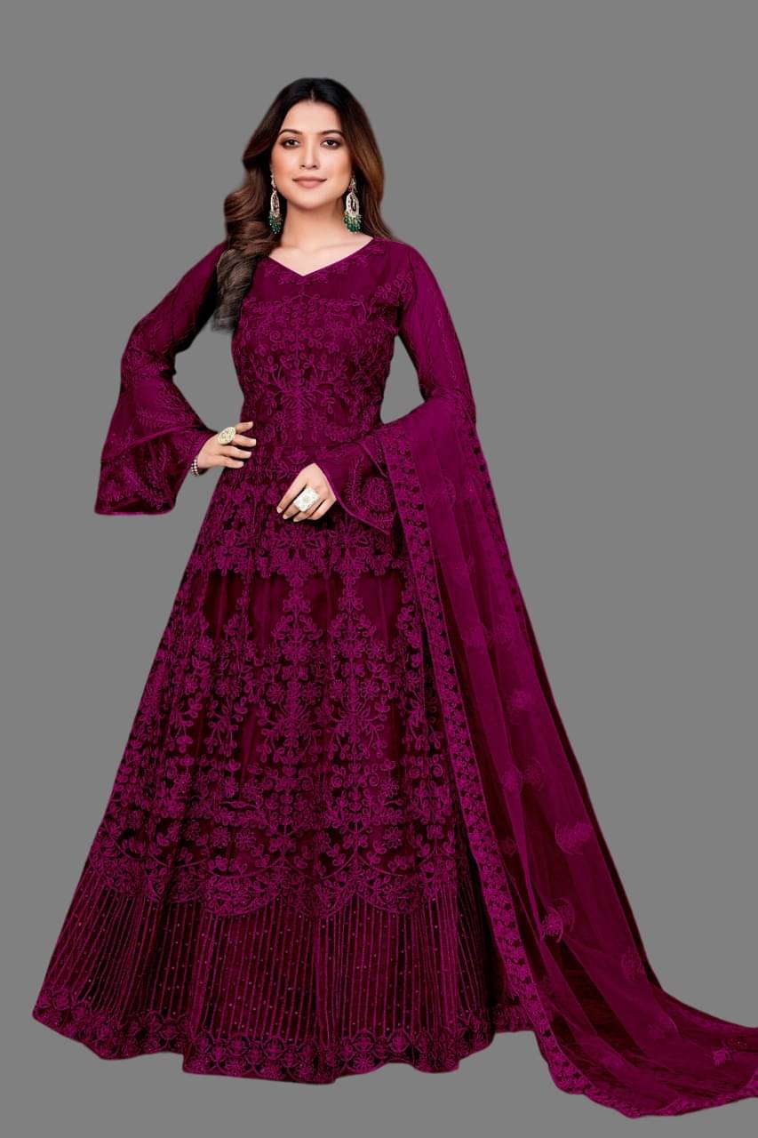 SATVASHIV Women Net Flared Semi Stitched Ethnic Gown With Dupatta ( Wine ) SATVASHIV Women Net Flared Semi Stitched Ethnic Gown With Dupatta ( Wine )