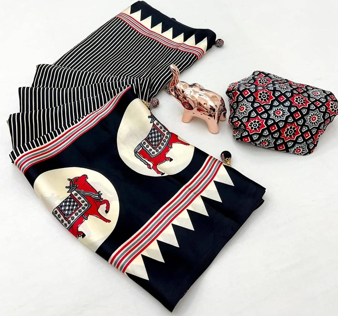 THE PRIVATE LABLE Viscose Printed Banarasi saree With Unstitched Blouse Piece ( Black ) THE PRIVATE LABLE Viscose Printed Banarasi saree With Unstitched Blouse Piece ( Black )