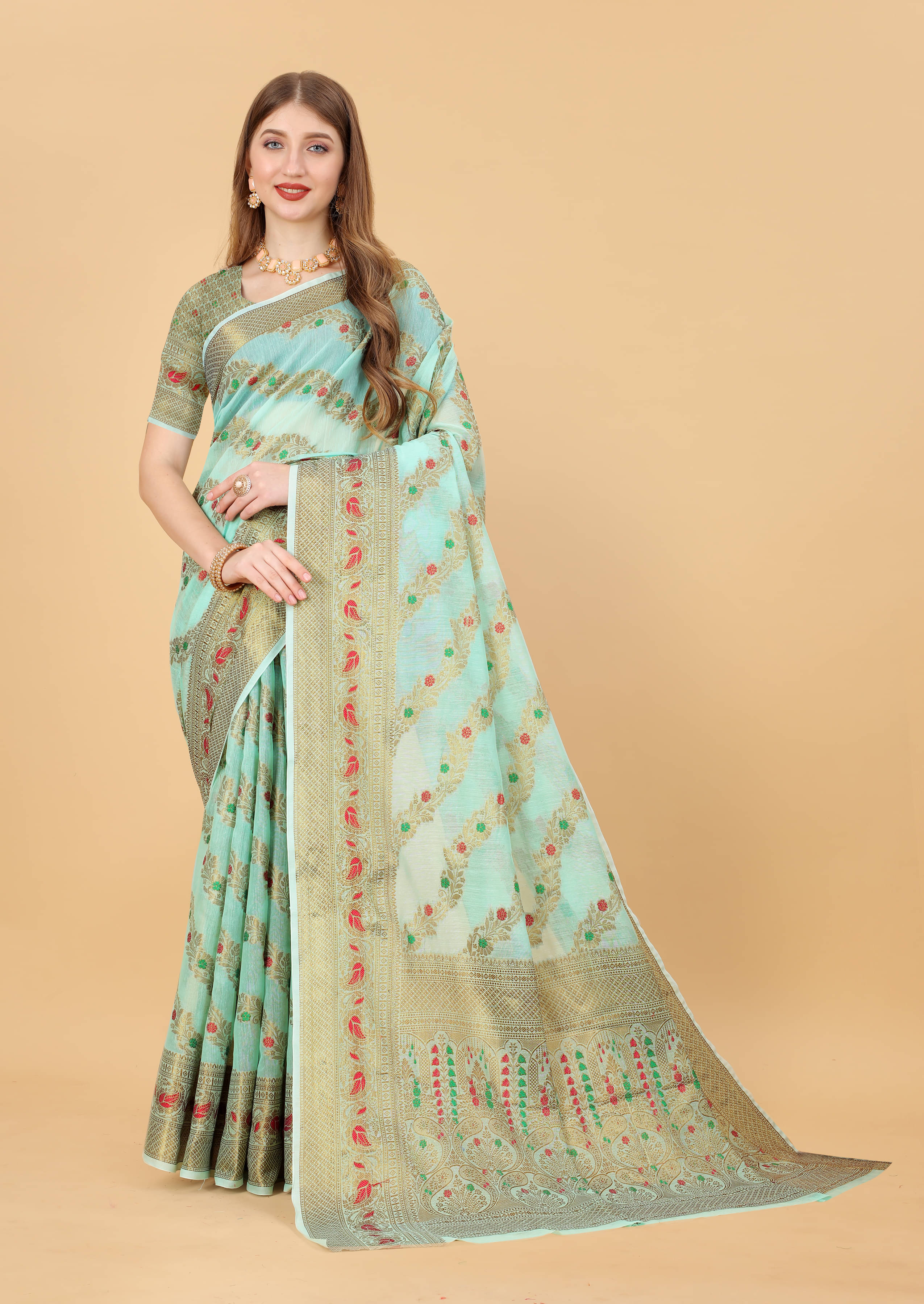     			THE PRIVATE LABLE Viscose Printed Banarasi saree With Unstitched Blouse Piece ( Light Blue )