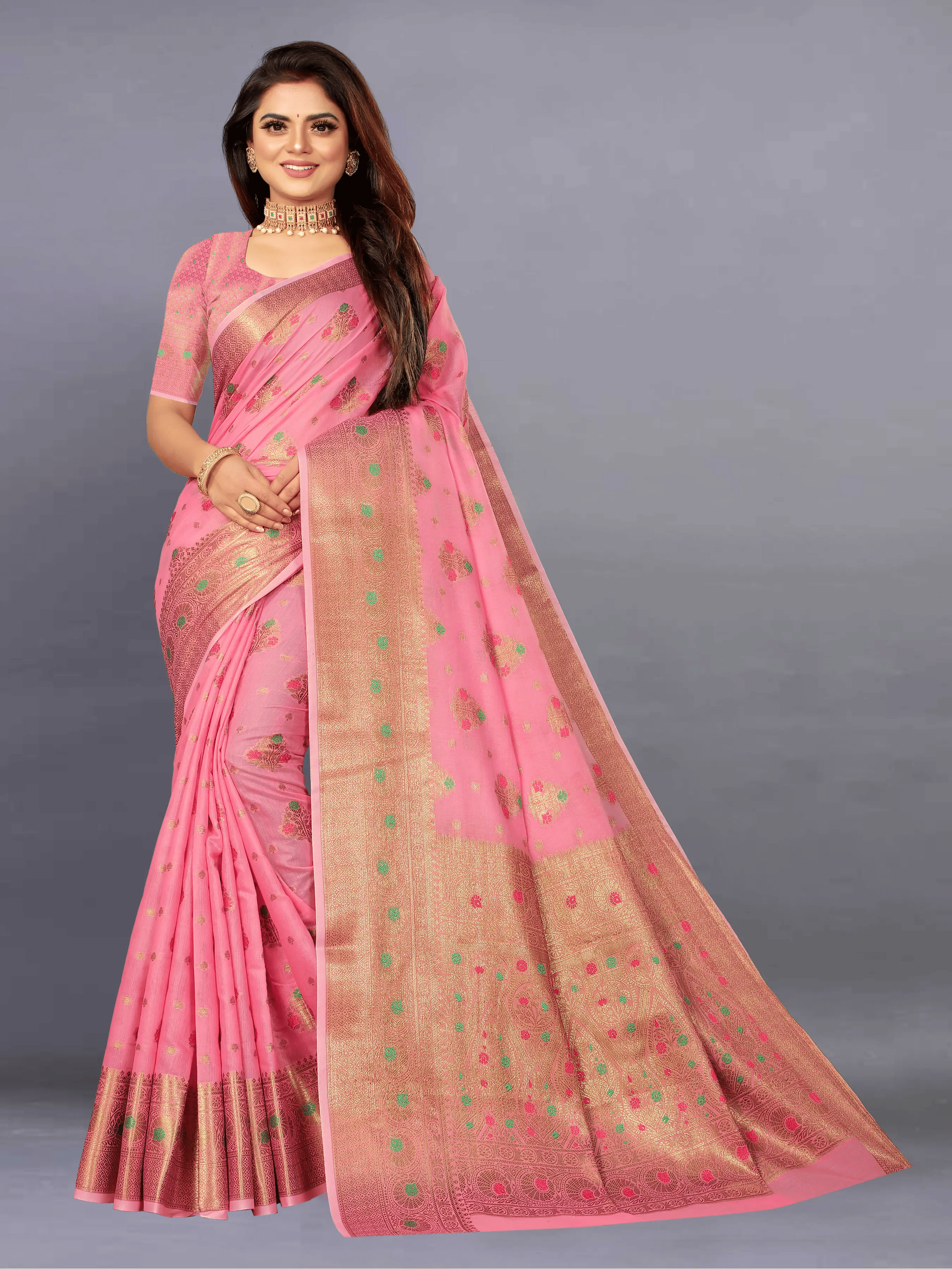     			THE PRIVATE LABLE Viscose Printed Banarasi saree With Unstitched Blouse Piece ( Pink )