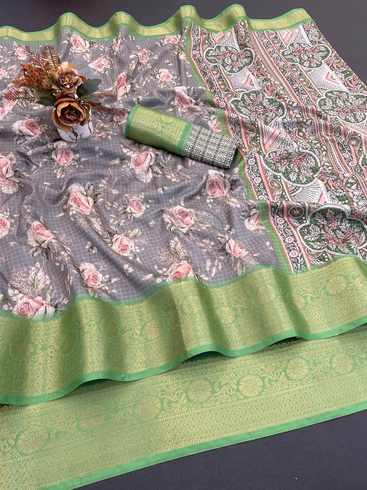 THE PRIVATE LABLE Viscose Printed Banarasi saree With Unstitched Blouse Piece ( Grey ) THE PRIVATE LABLE Viscose Printed Banarasi saree With Unstitched Blouse Piece ( Grey )