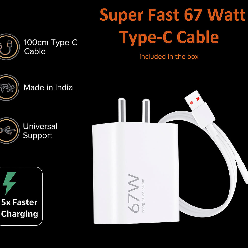 Ultra-Speed 67W Charger with 100cm Type-C Cable – Made in India Ultra-Speed 67W Charger with 100cm Type-C Cable – Made in India