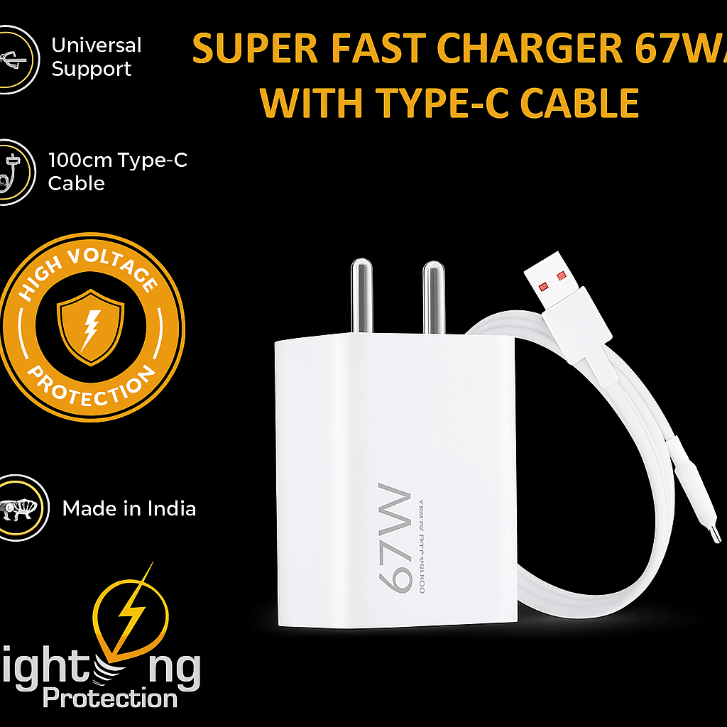     			Universal 67W  Charger with  Type-C to USB Cable | Quick Charging Adapter for  Smartphones & Tablets | Compact, Safe & Travel-Friendly