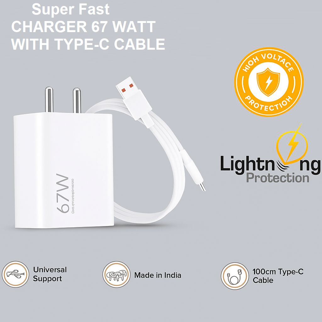     			Universal 67W  Charger with  Type-C to USB Cable | Quick Charging Adapter for  Smartphones & Tablets | Compact, Safe & Travel-Friendly