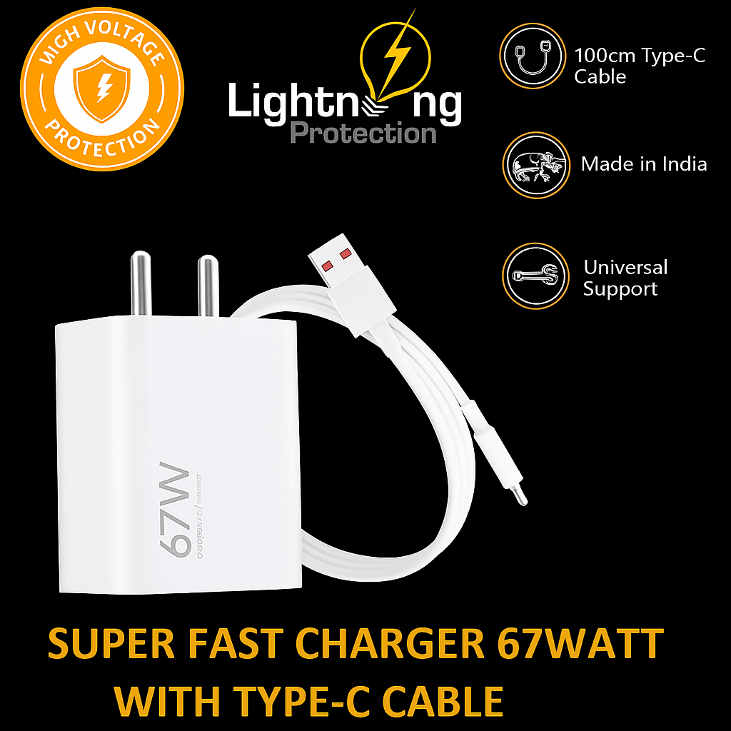    			Universal 67W  Charger with  Type-C to USB Cable | Quick Charging Adapter for  Smartphones & Tablets | Compact, Safe & Travel-Friendly