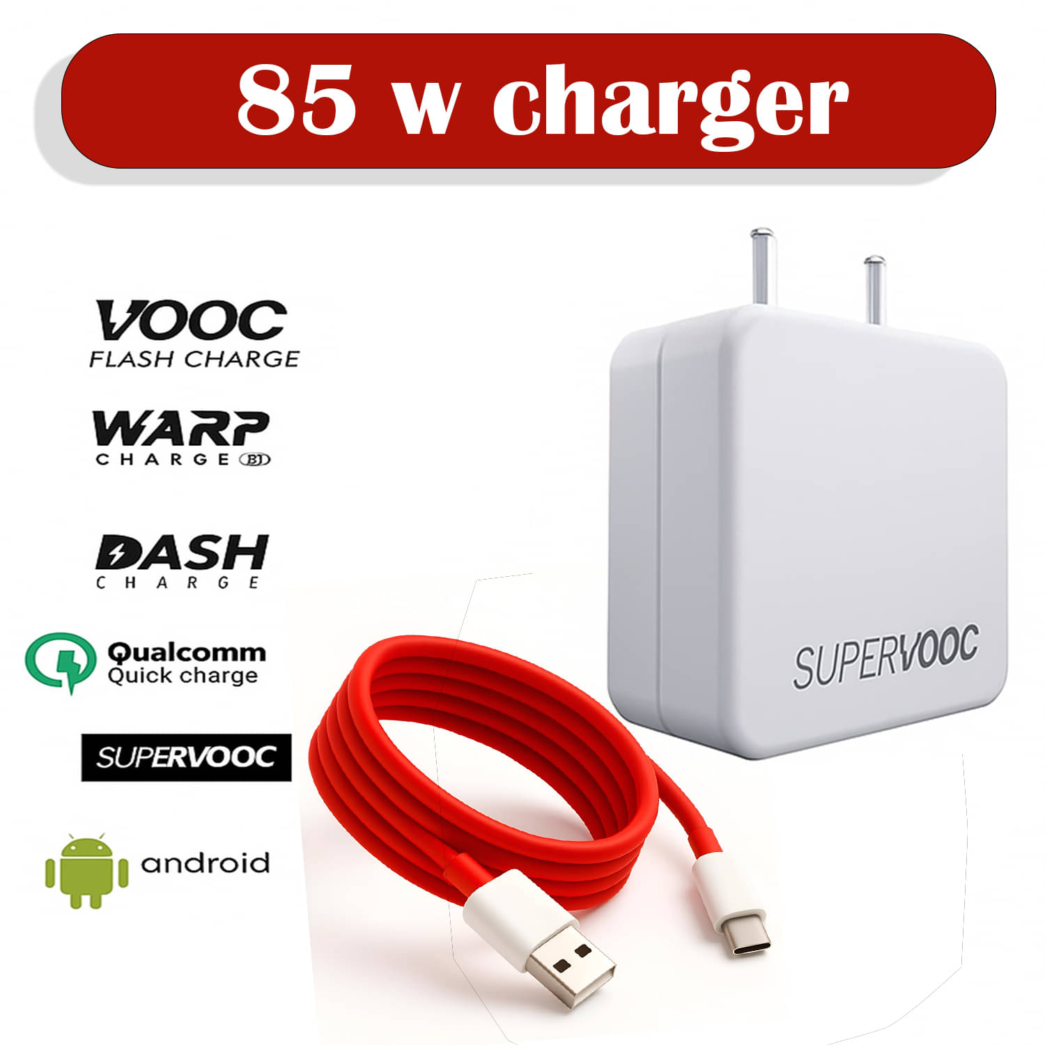     			Universal 85W  Charger with Red Type-C to USB Cable | Quick Charging Adapter for  Smartphones & Tablets | Compact, Safe & Travel-Friendly