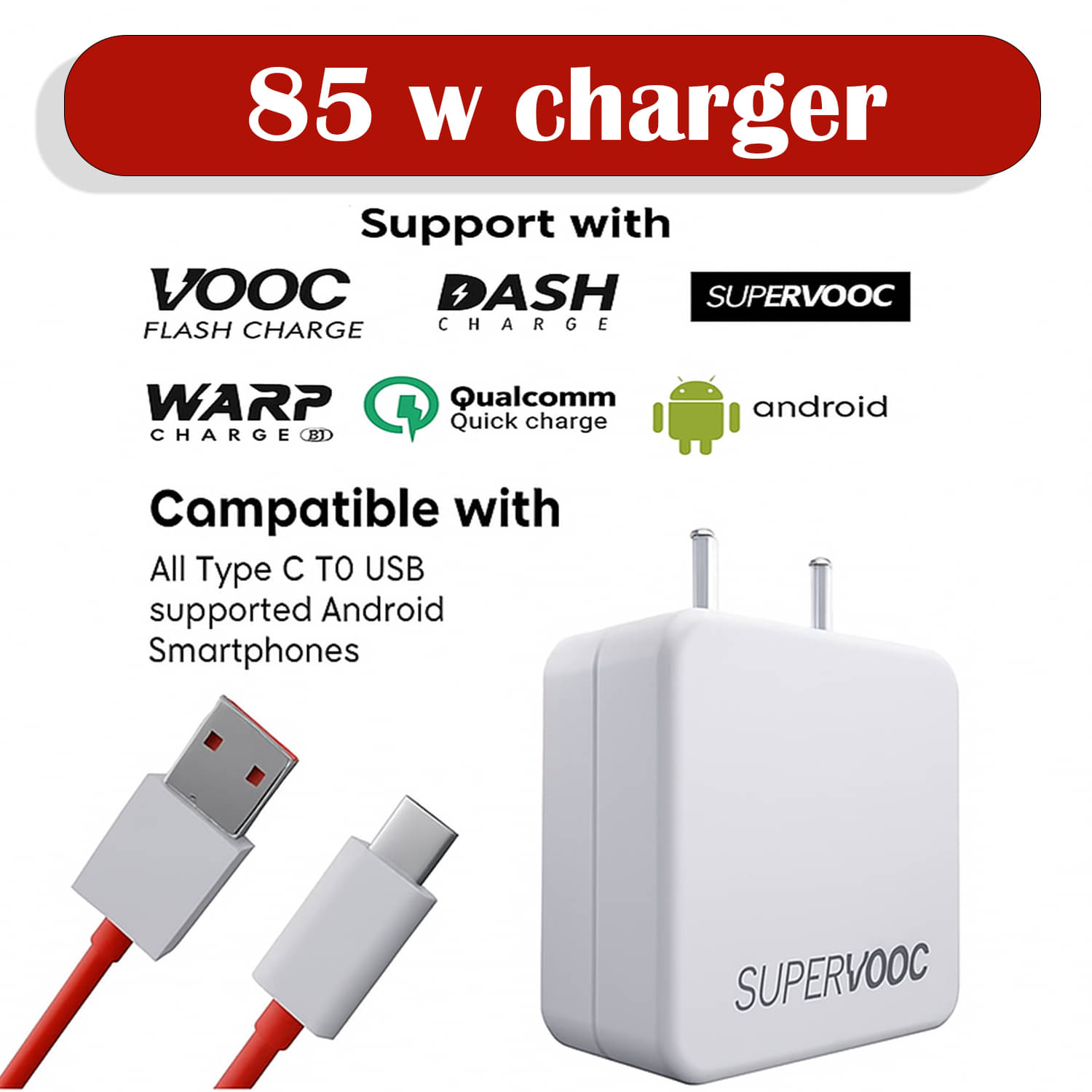     			Universal 85W  Charger with Red Type-C to USB Cable | Quick Charging Adapter for  Smartphones & Tablets | Compact, Safe & Travel-Friendly