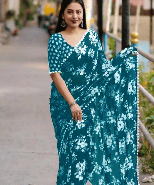 VAANISRI Georgette Printed Regular Saree With Unstitched Blouse Piece ( Teal ) VAANISRI Georgette Printed Regular Saree With Unstitched Blouse Piece ( Teal )